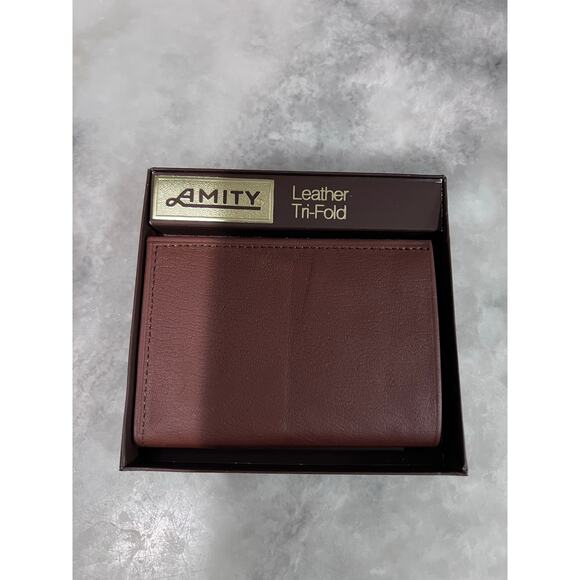 Vintage Amity Leather Tri-Fold Wallet Brown Cowhide Made in USA NIB - Picture 1 of 5